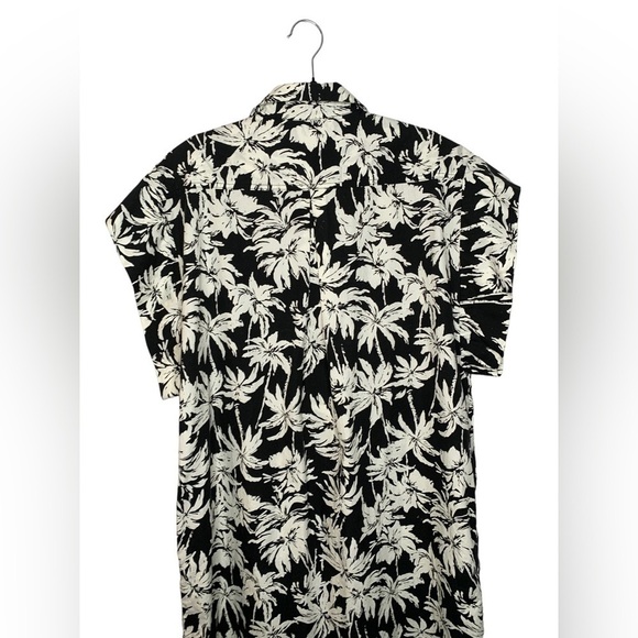 (nude) Italy Button Front Short Sleeve Tropical Black Cream Shirt Dress 44/US 8 - Picture 6 of 13